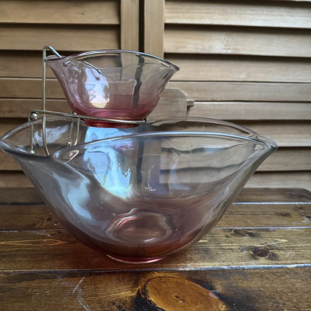 Vintage Ombré Pink Glass Chip and Dip Serving Bowl Set with Metal Stand